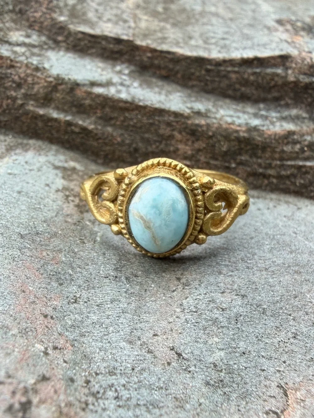 Gold-Tone Filigree Ring with Light Blue Stone